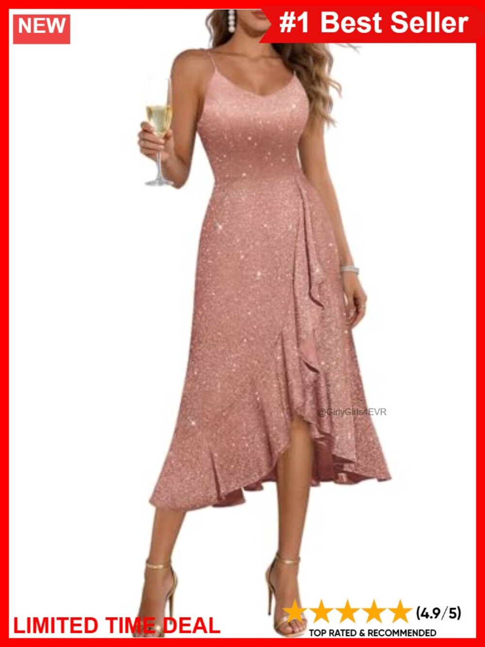 Sequin Fit & Flare High-Low Cocktail Dress Ruffle V-Neck Formal Wedding Guest